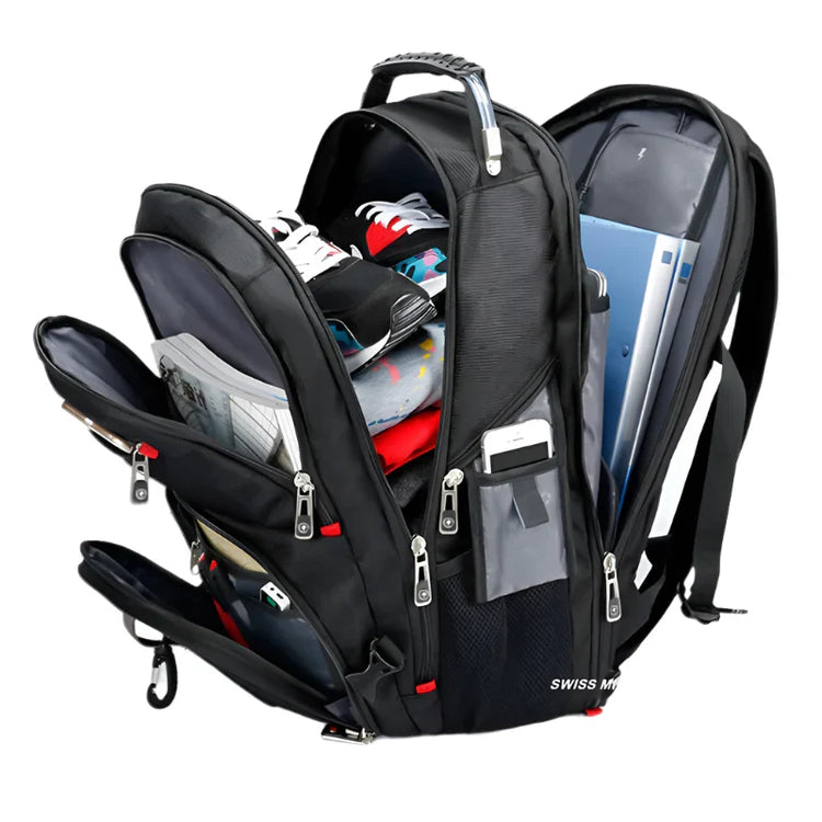 Svart rese- och arbetsryggsäck med flera fack, ventilerande ryggplatta och vadderade axelremmar.