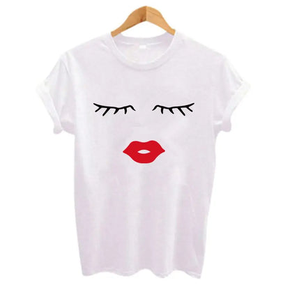 Pretty and Cute Eye Lashes Red Lips Print Women T Shirt  Summer