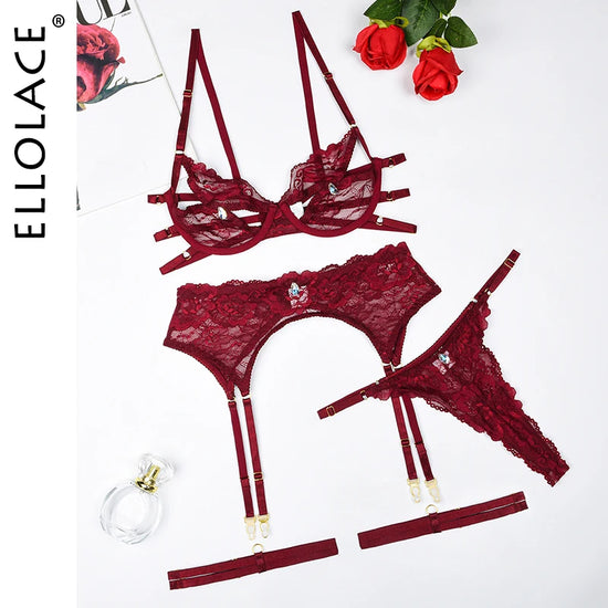 Ellolace Diamond Hollow Bra & Suspender Set