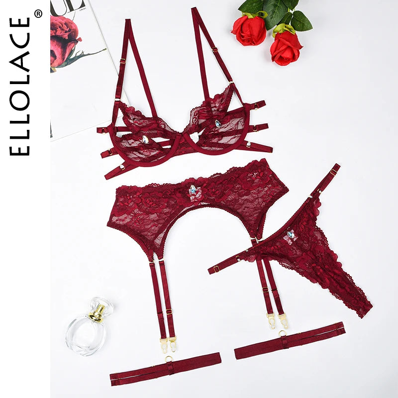 Ellolace Diamond Hollow Bra & Suspender Set