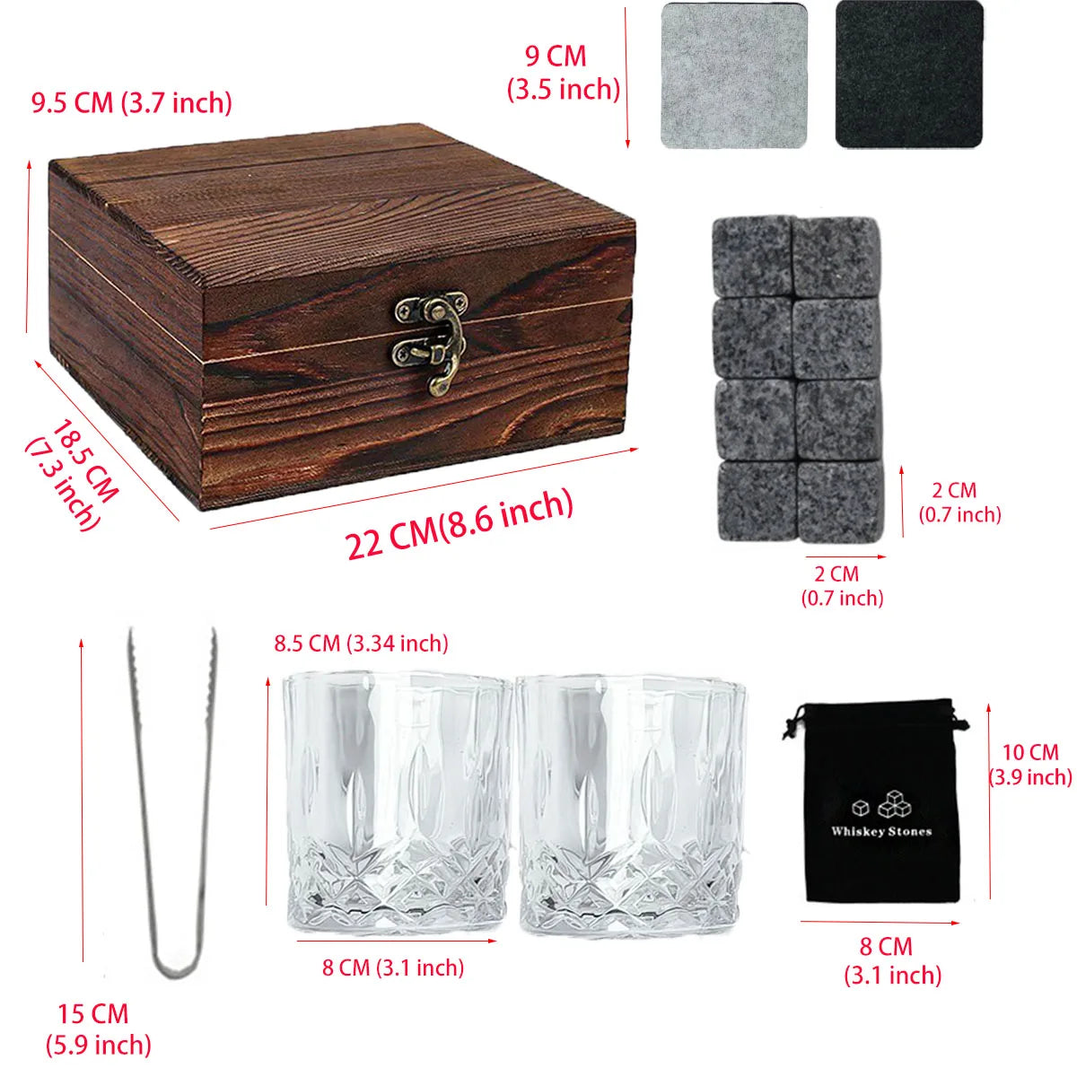Christmas Valentine's Whiskey Gift for Men Father's Present Whiskey Stones Glasses Set Whisky Wooden Box With Granite Ice Cube