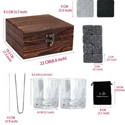 Christmas Valentine's Whiskey Gift for Men Father's Present Whiskey Stones Glasses Set Whisky Wooden Box With Granite Ice Cube