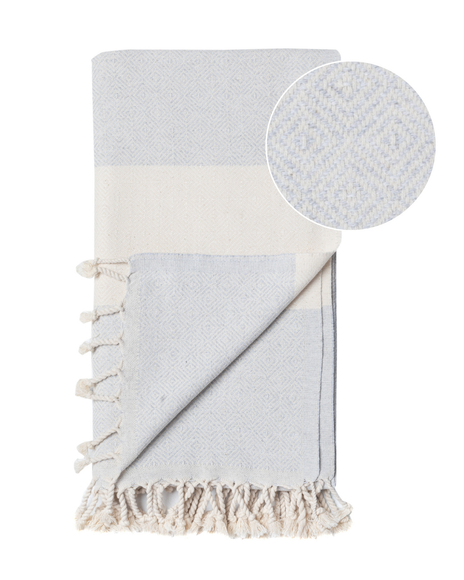 Grå och vit hammam handduk med geometriskt mönster och fransar i bomull.