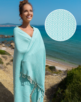 Mintgrön hammamstrandhandduk i bomull med geometriskt mönster och fransar, lätt och resvänlig.