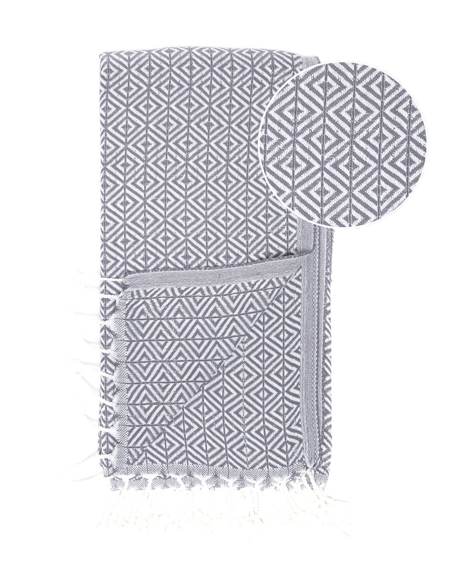 Antracitgrå hammam strandhandduk med geometriskt mönster och fransar.