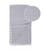 Antracitgrå hammam strandhandduk med geometriskt mönster och fransar.