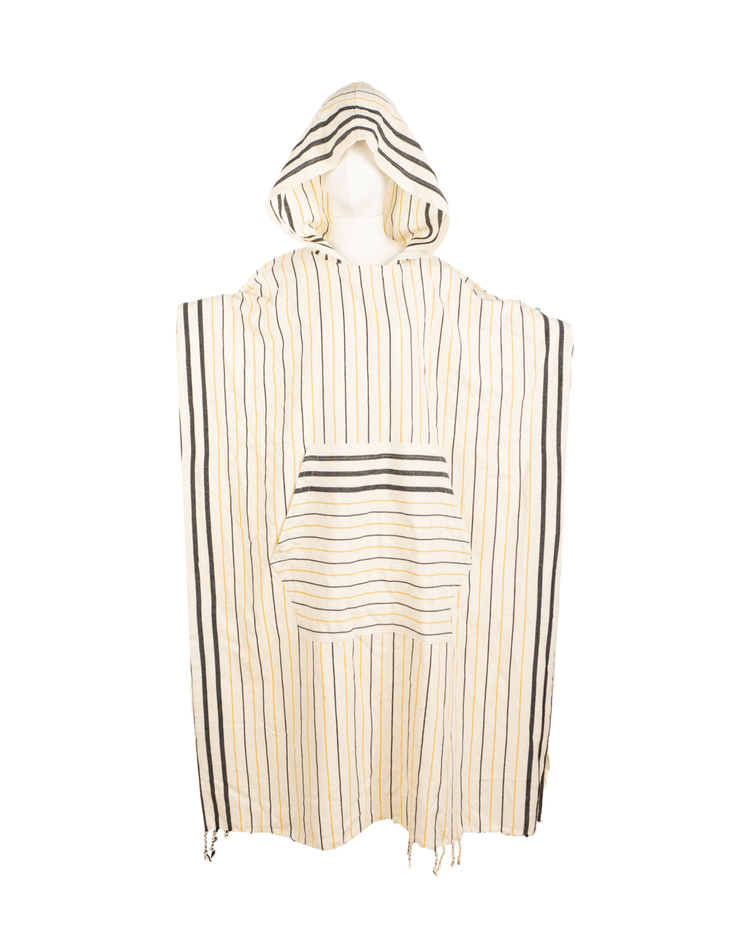 Herrstrandponcho i återvunnen bomull med gul och svart randig design och huva.