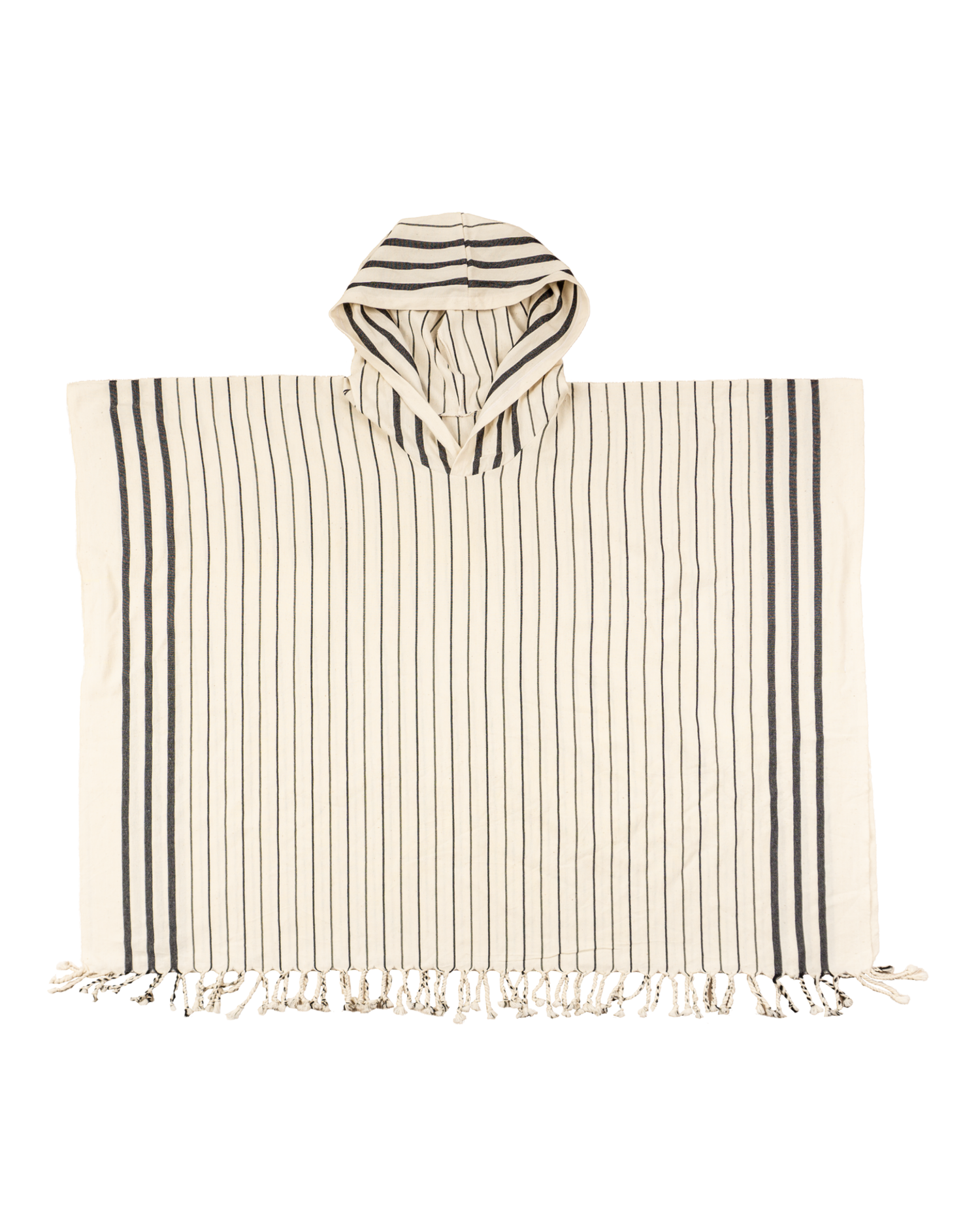 Randig svartvit hooded strandponcho i bomull med fransar och löstagbar huva.
