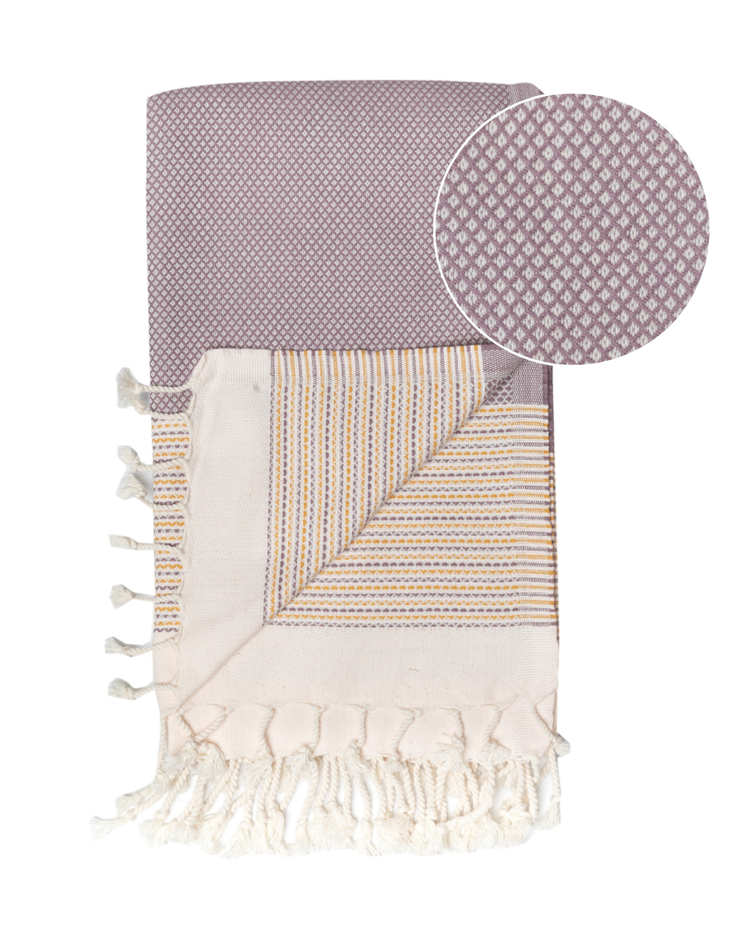 Brun och gul turkisk hammam handduk med fransar och geometriskt mönster i bomull.