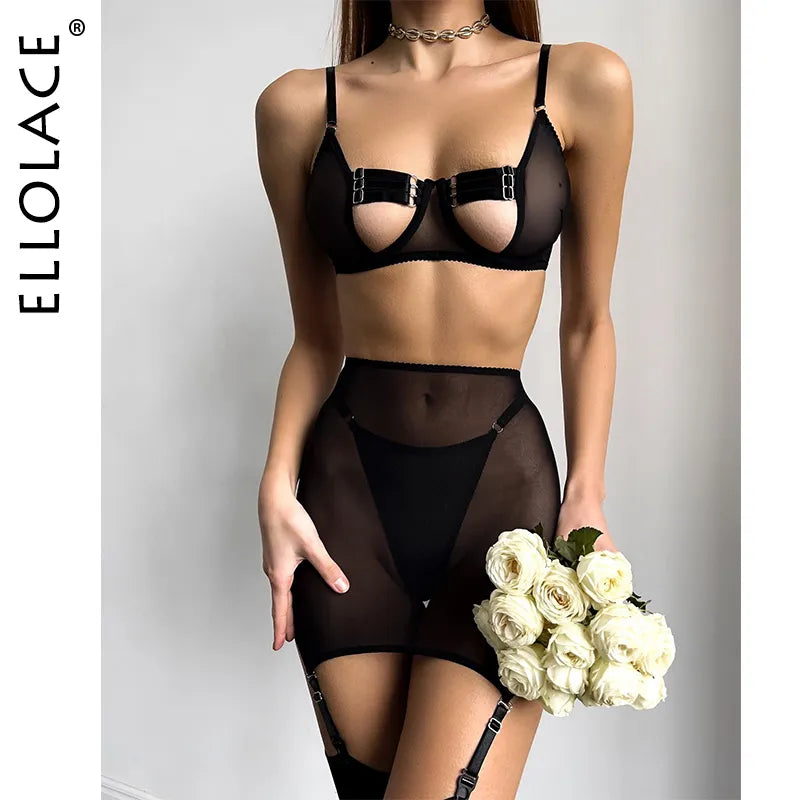 Ellolace Sensual Cut-Out Lace Bra & Garter Set