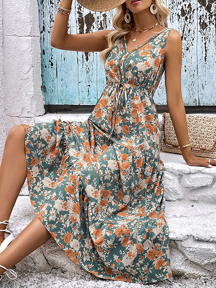 Elegant Floral Long Dress Women Summer