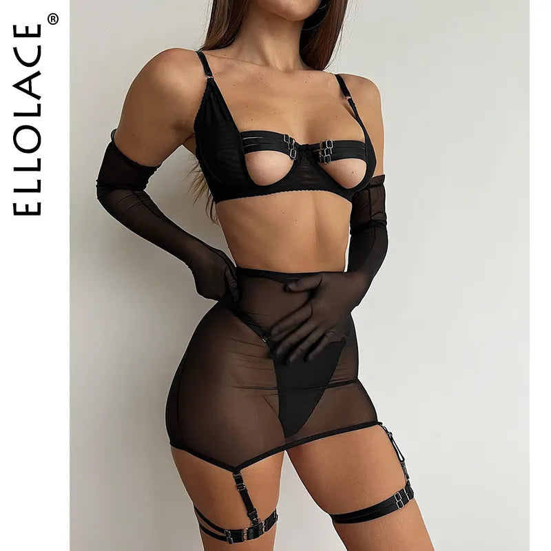 Ellolace Sensual Cut-Out Lace Bra & Garter Set
