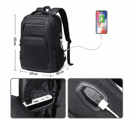 Svart taktisk ryggsäck 50L med USB-laddningsport och flera fack i slitstarkt Oxfordtyg.