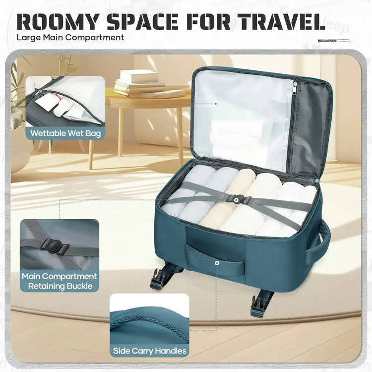 Påfågelblå kabinväska ryggsäck med stor huvudficka, dragkedjor och sidohandtag.