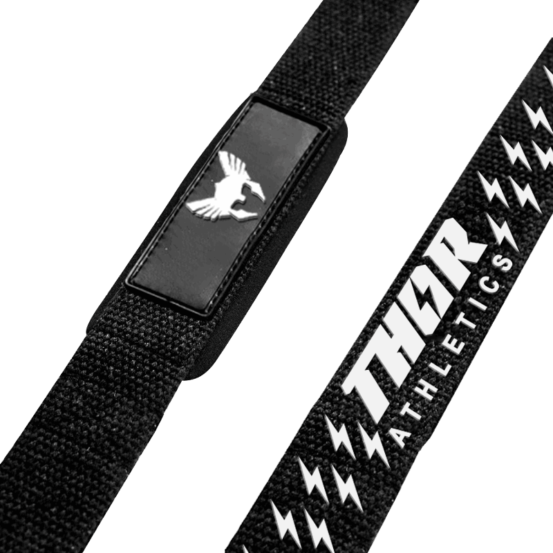 Svart lyftrem i bomull med vit örn och texten THOR Athletics, ergonomisk design.
