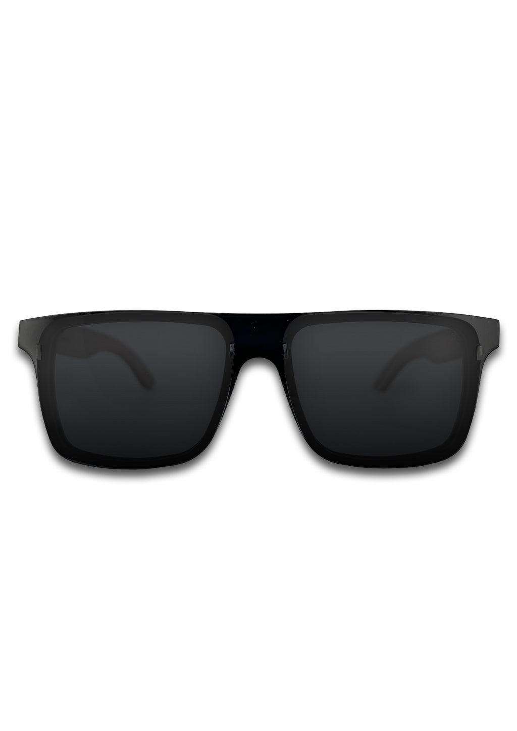 Svarta fyrkantiga solglasögon med bred acetatbåge och mörka glasögonlinser.