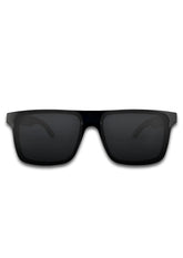 Svarta fyrkantiga solglasögon med bred acetatbåge och mörka glasögonlinser.