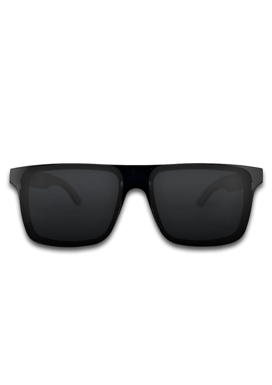 Svarta fyrkantiga solglasögon med bred acetatbåge och mörka glasögonlinser.