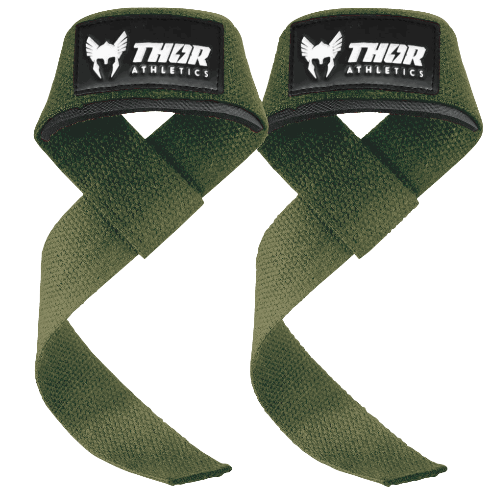 Armégröna lyftremmar med justerbar kardborre, ergonomisk design och logotyp från THAT Athletics.