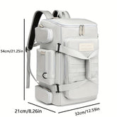 Silvergrå reseryggsäck i nylon med flera fack och vadderat laptopfack, XL-storlek, 54 cm hög.