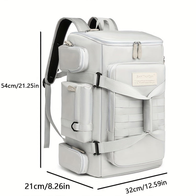 Silvergrå reseryggsäck i nylon med flera fack och vadderat laptopfack, XL-storlek, 54 cm hög.