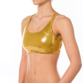 Glänsande guldfärgad tränings-bh med smala axelband och sportig passform i stretchigt material.