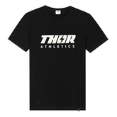 Svart T-shirt i ekologisk bomull med rund hals och diskret vit THOR Athletics-logotyp fram.