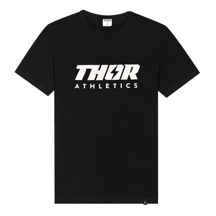 Svart T-shirt i ekologisk bomull med rund hals och diskret vit THOR Athletics-logotyp fram.